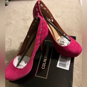 Women’s shoes, platform high heel, pink suede leather, size 8, worn once, comfy.